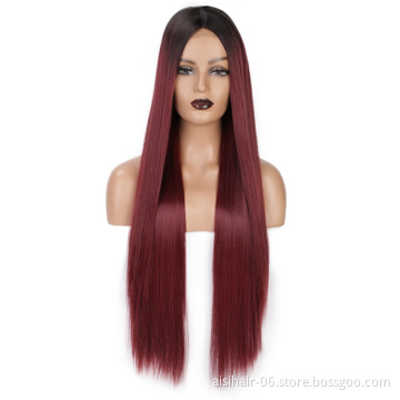 Aisi Hair Long Silky Straight Ombre Wine Synthetic Fiber Wigs For Black Women Long Middle Part Machine Made Synthetic Wigs